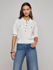 Masaki Cropped Sweater in White/Turquoise