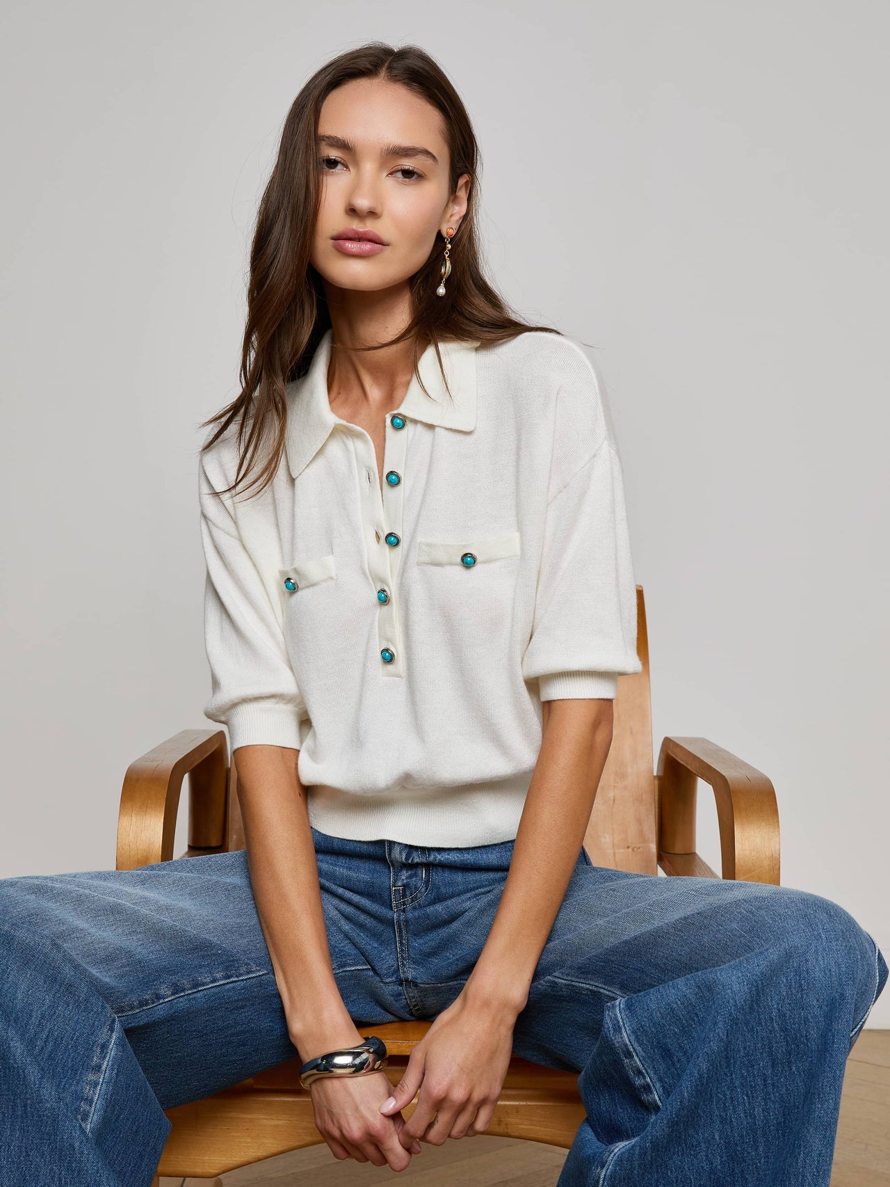 Masaki Cropped Sweater in White/Turquoise