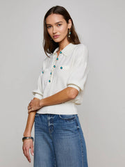 Masaki Cropped Sweater in White/Turquoise