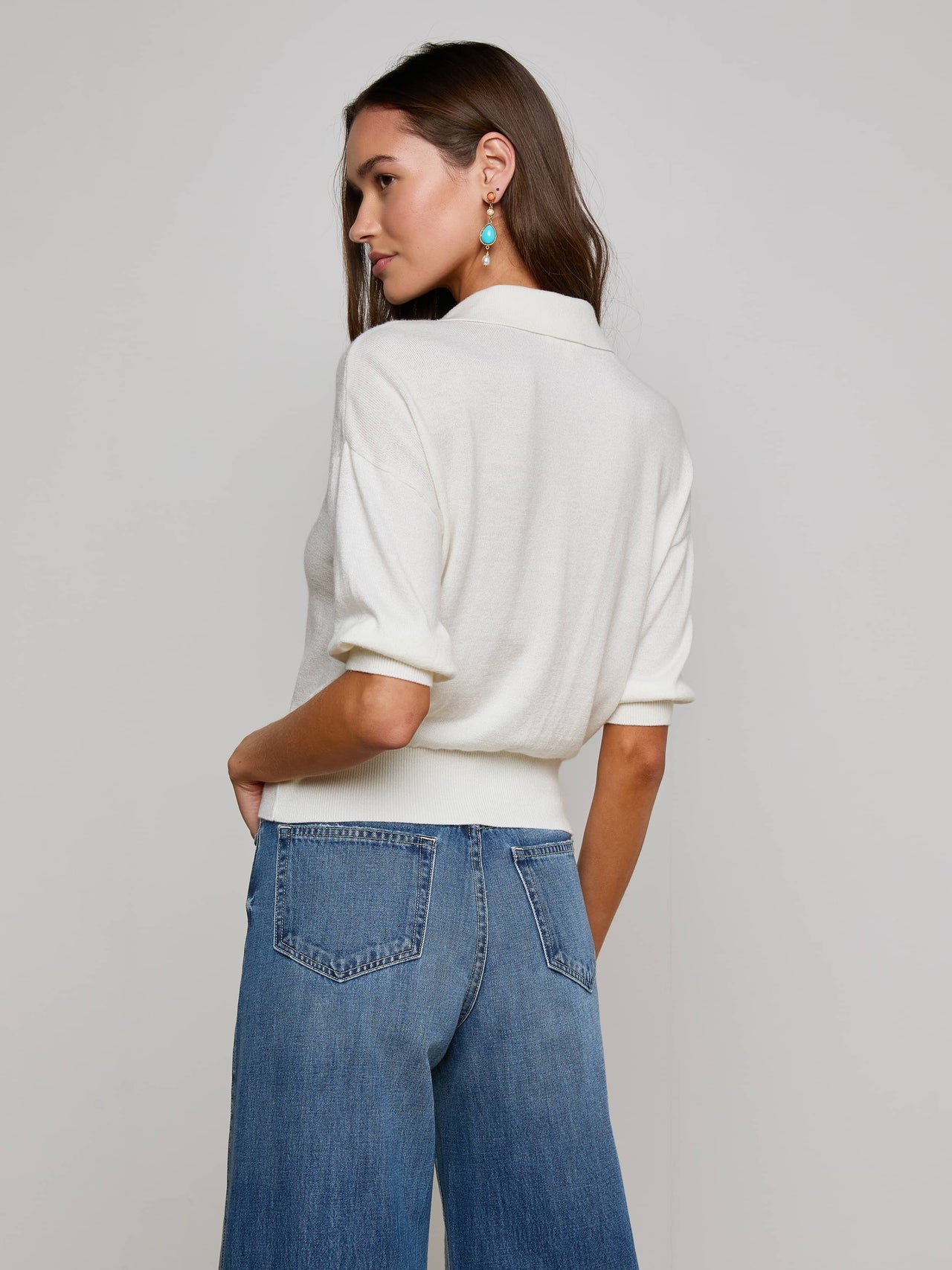 Masaki Cropped Sweater in White/Turquoise