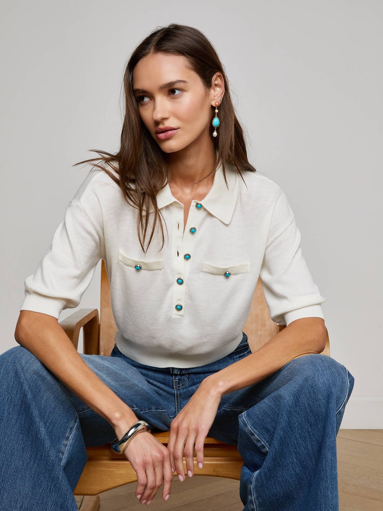 Masaki Cropped Sweater in White/Turquoise