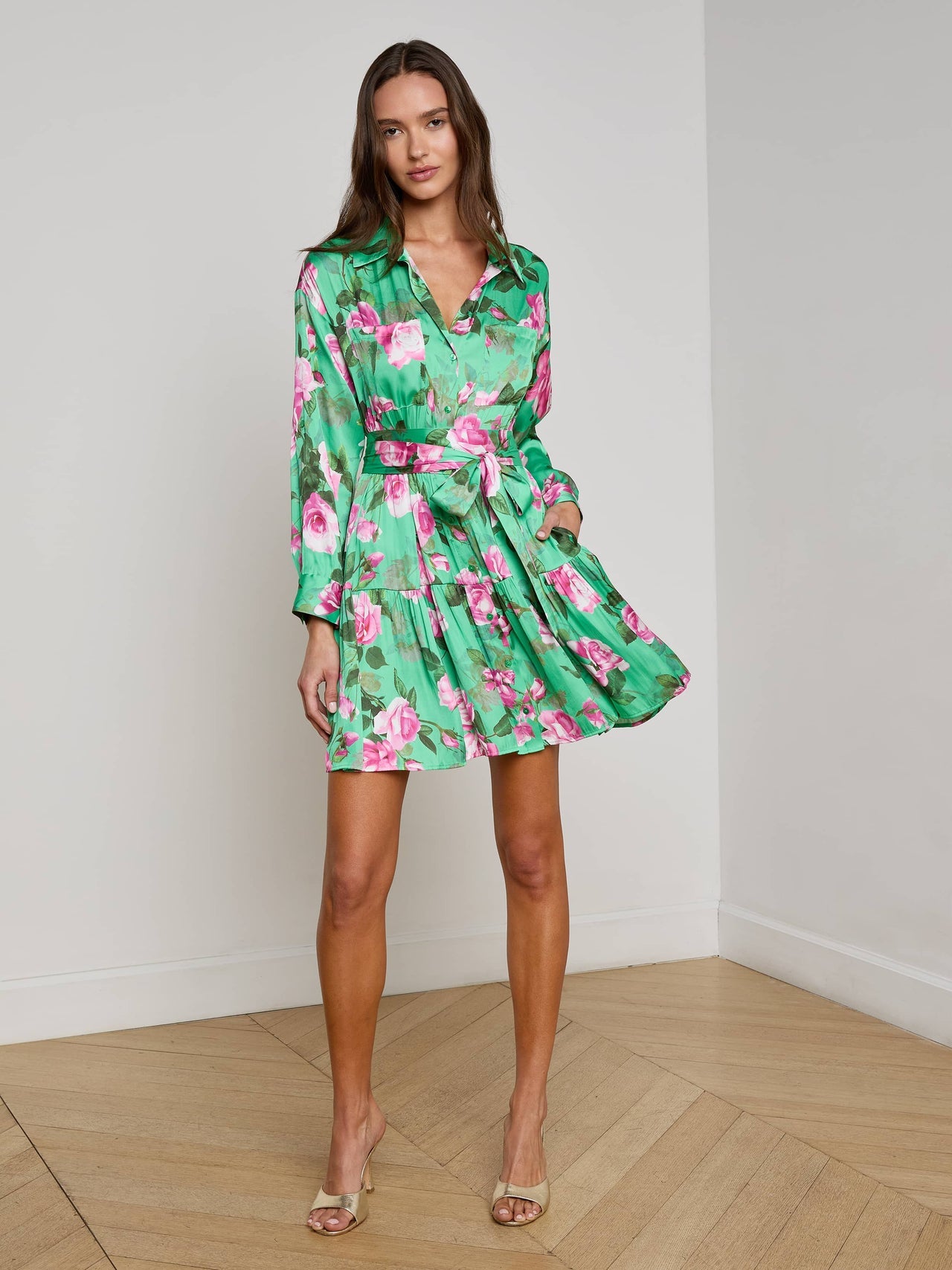 Virlen Satin Shirt Dress in Green Multi Large Santa Fe Rose