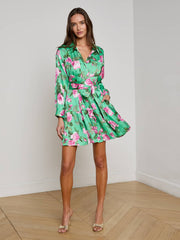 Virlen Satin Shirt Dress in Green Multi Large Santa Fe Rose
