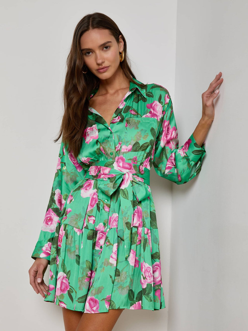 Virlen Satin Shirt Dress in Green Multi Large Santa Fe Rose