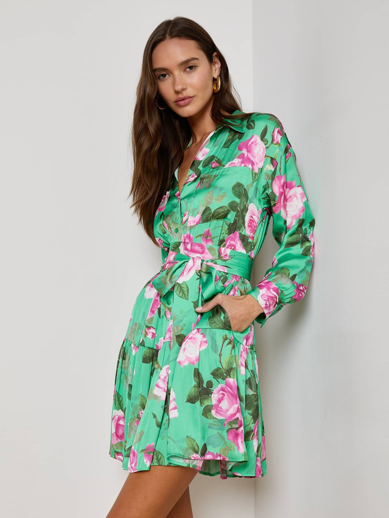 Virlen Satin Shirt Dress in Green Multi Large Santa Fe Rose