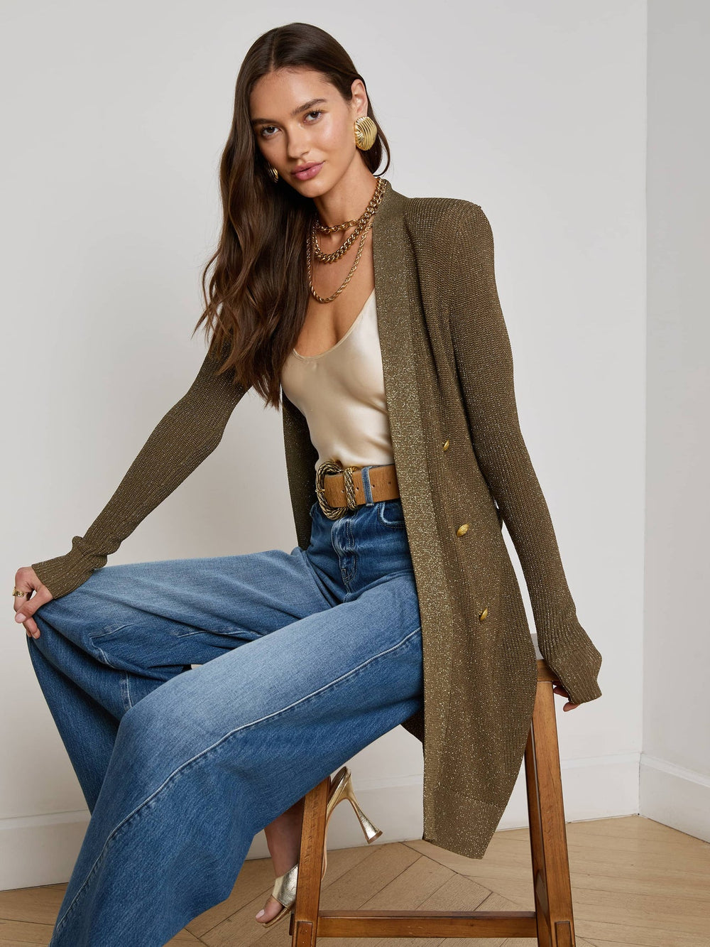 Noe Double-Breasted Cardigan in Pine/Gold