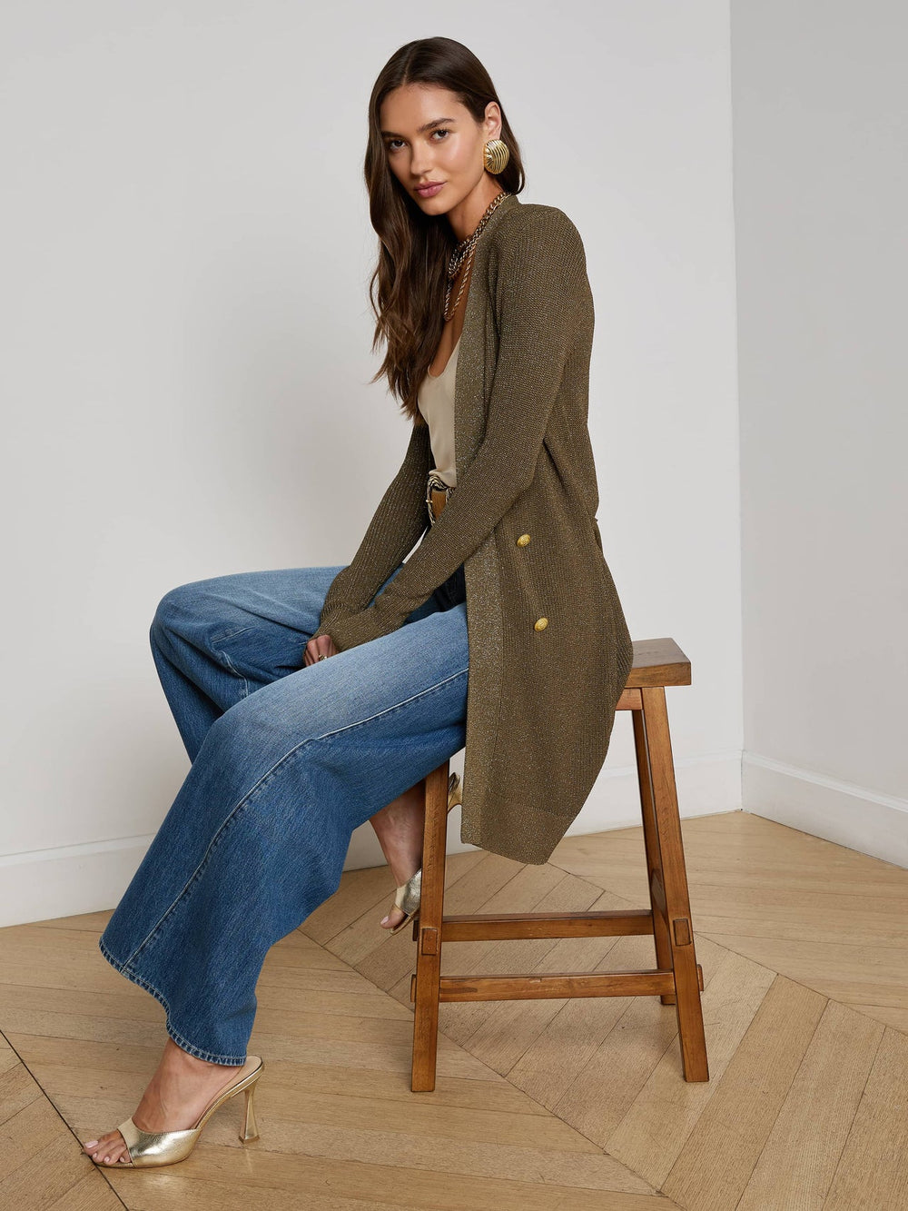 Noe Double-Breasted Cardigan in Pine/Gold