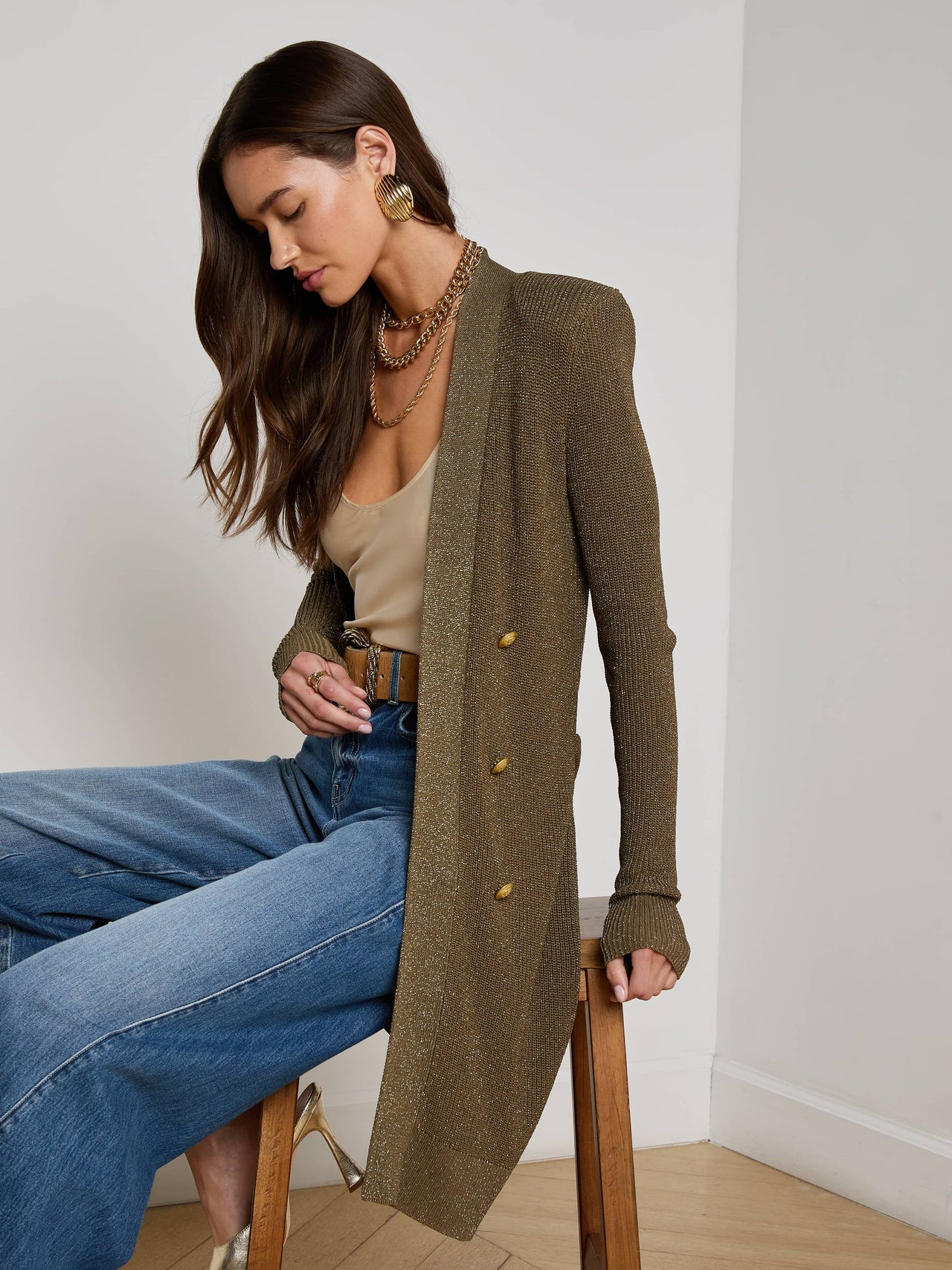 Noe Double-Breasted Cardigan in Pine/Gold