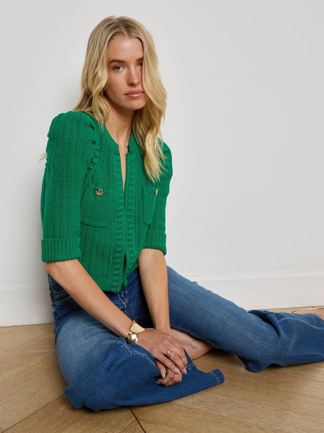 Delilah Cropped Cardigan in Kelly Green/Gold Knot