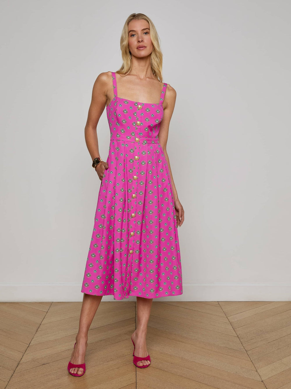 Esmeralda Poplin Dress in Fuchsia/Turquoise Southwestern Geo - L'AGENCE