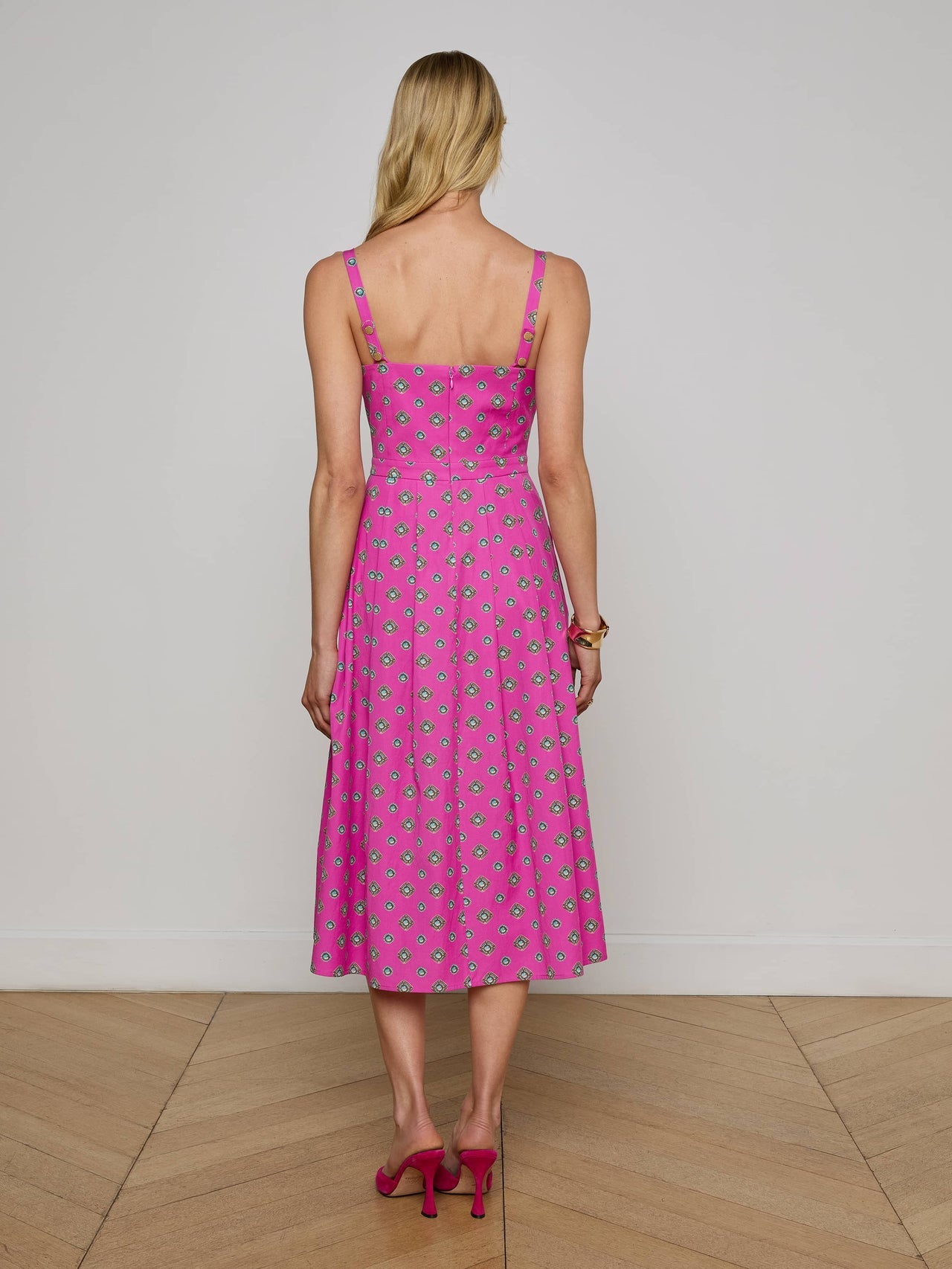 Esmeralda Poplin Dress in Fuchsia/Turquoise Southwestern Geo - L'AGENCE