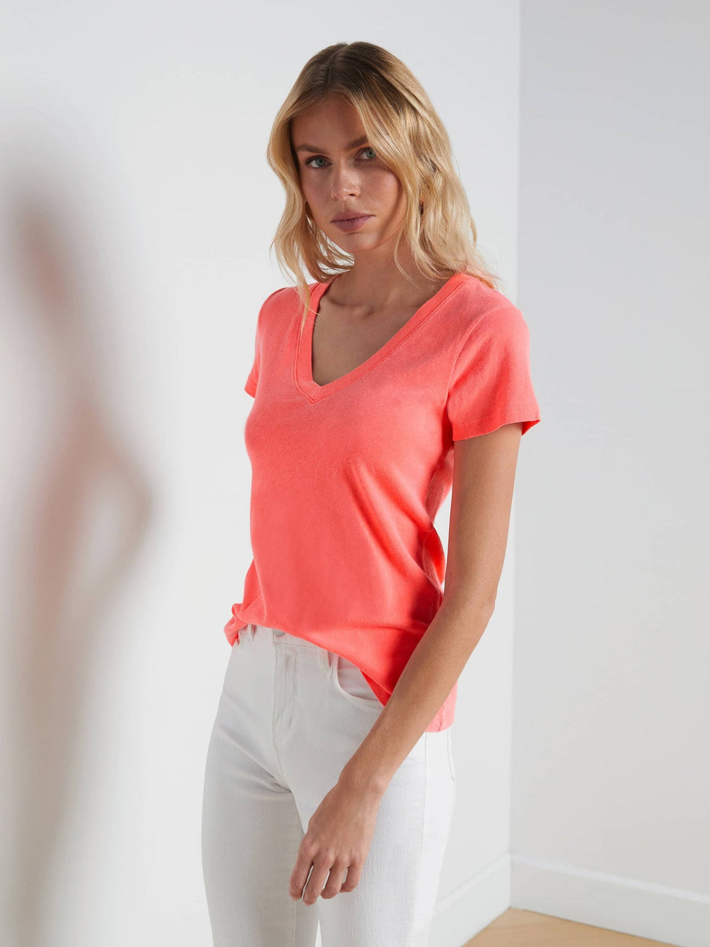 Becca Cotton V-Neck Tee in Coral