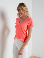 Becca Cotton V-Neck Tee in Coral