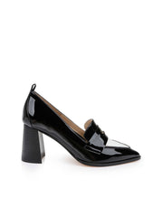 Mallory Leather Block-Heel Loafer in Black/White Patent