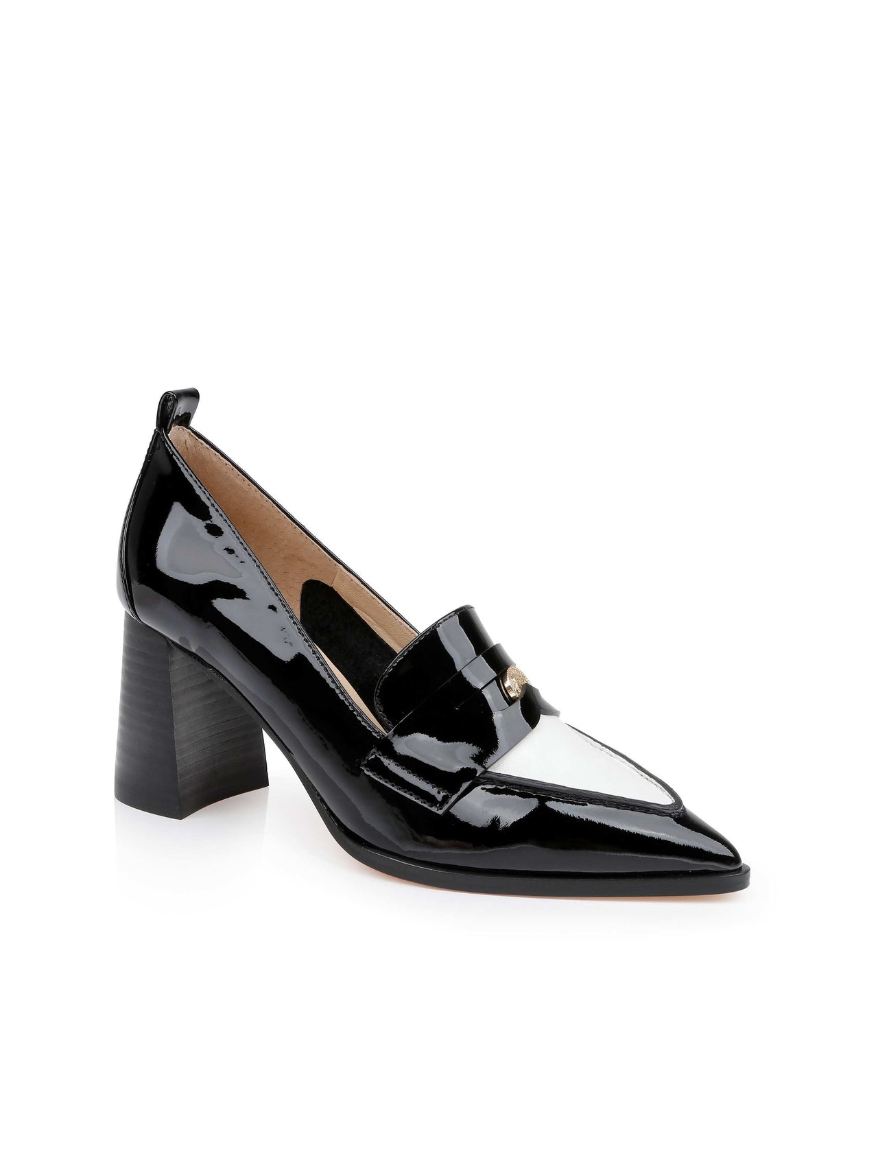 Mallory Leather Block-Heel Loafer in Black/White Patent