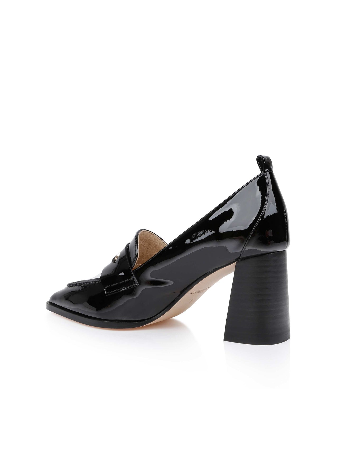 Mallory Leather Block-Heel Loafer in Black/White Patent