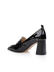 Mallory Leather Block-Heel Loafer in Black/White Patent