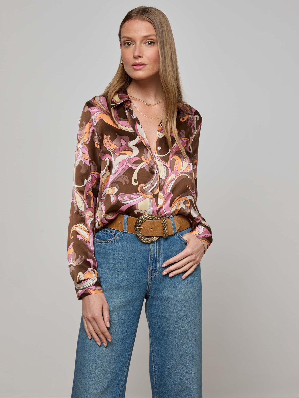 Tyler Silk Blouse in Brown/Pink Multi Small Abstract Paisley