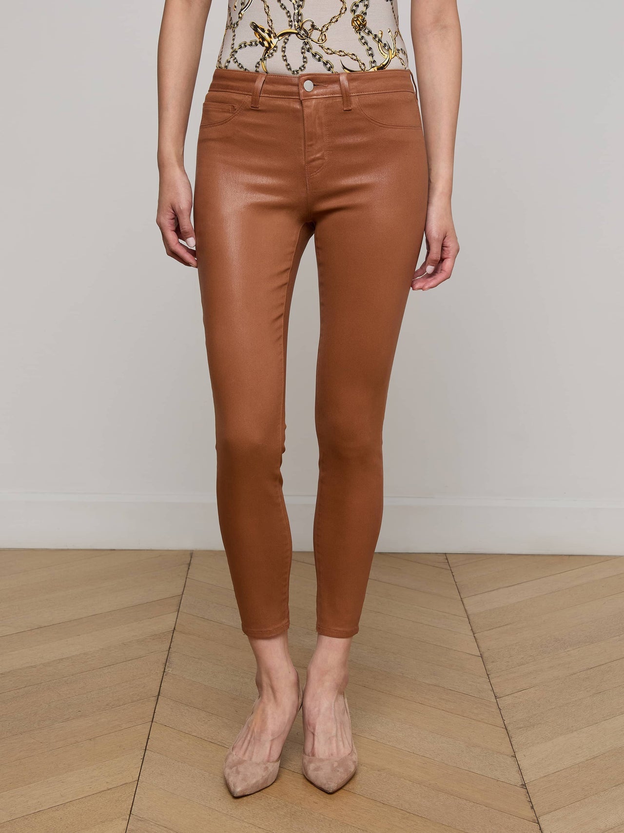 Margot Coated Cropped Skinny Jean in Cognac Coated