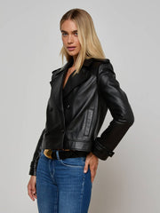 Xoey Cropped Leather Trench Coat in Black