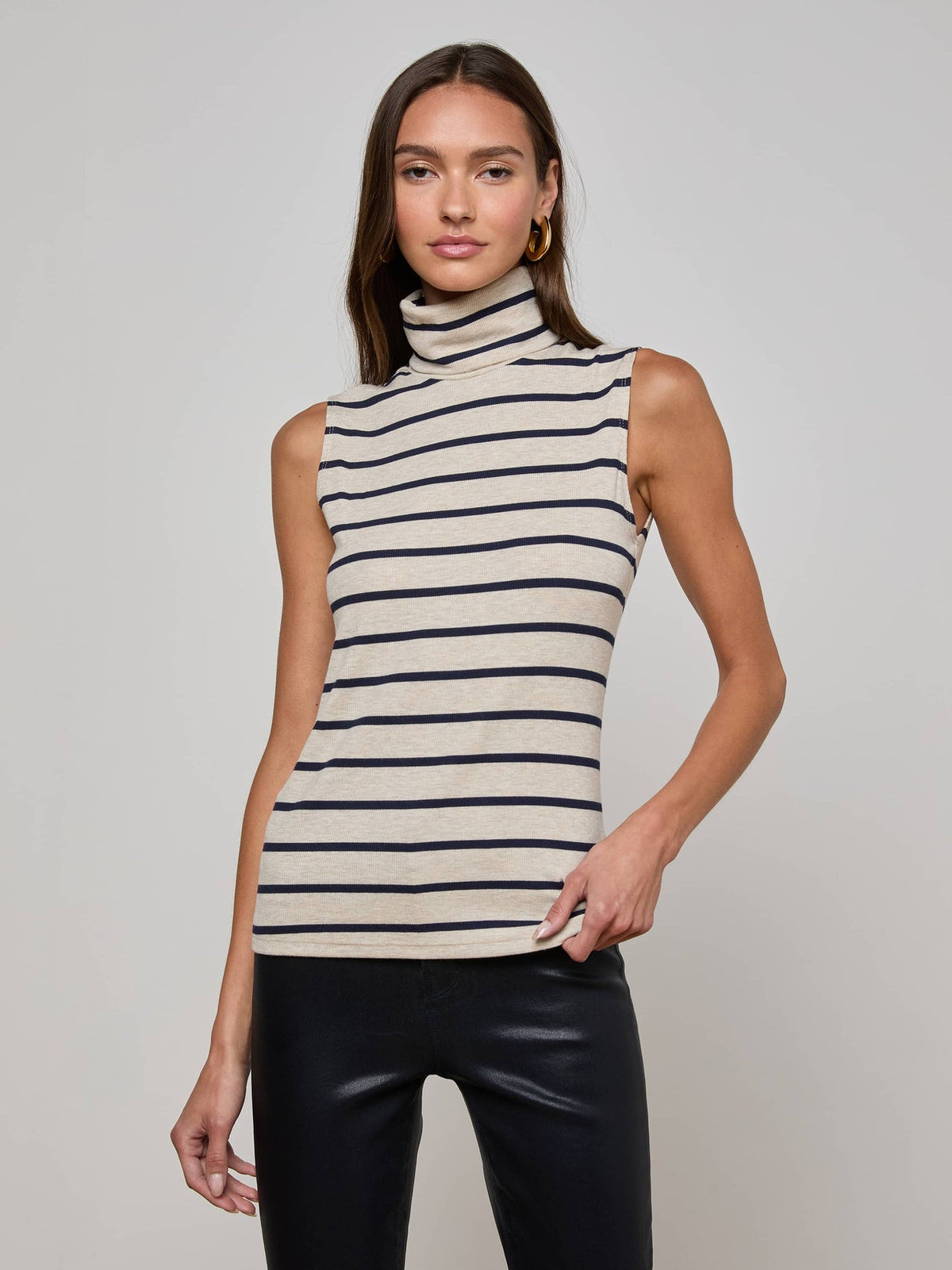 Ceci Sleeveless Turtleneck in Oat/Navy Stripe
