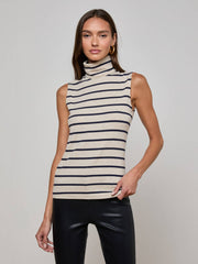 Ceci Sleeveless Turtleneck in Oat/Navy Stripe