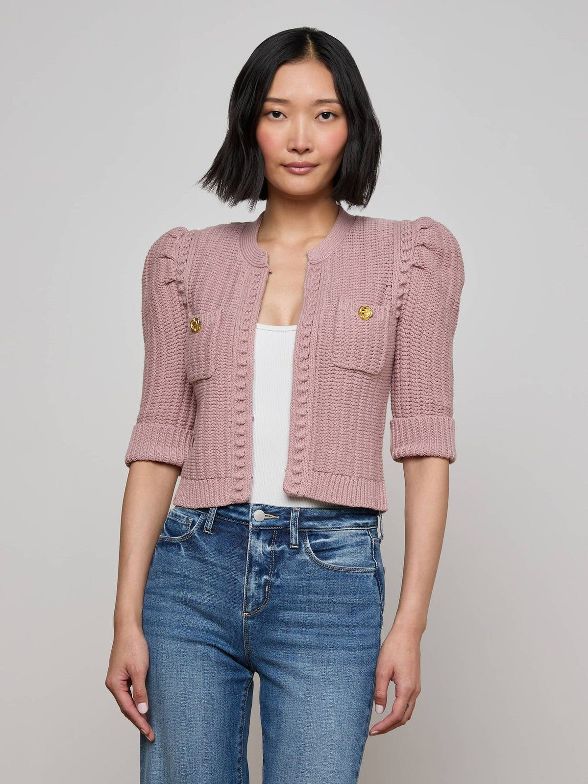 Delilah Cropped Cardigan in Light Mauve/Gold