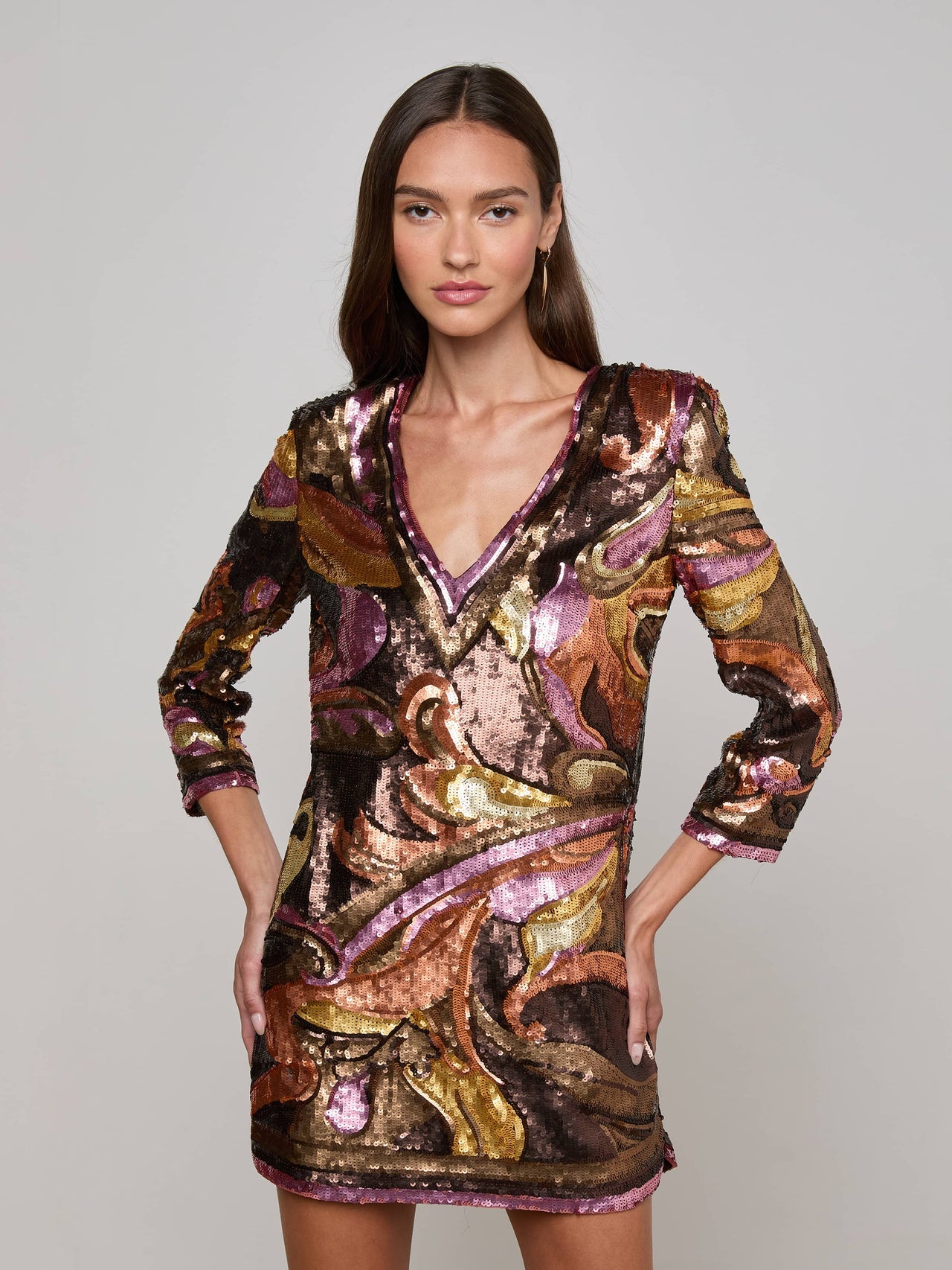 Octavia Sequin Shift Dress in Brown/Pink Multi Large Abstract Paisley