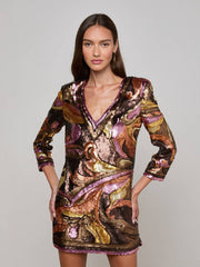 Octavia Sequin Shift Dress in Brown/Pink Multi Large Abstract Paisley