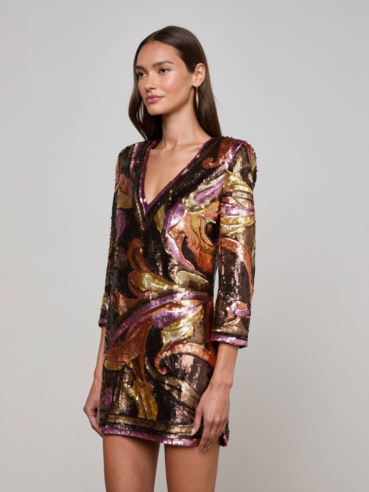 Octavia Sequin Shift Dress in Brown/Pink Multi Large Abstract Paisley