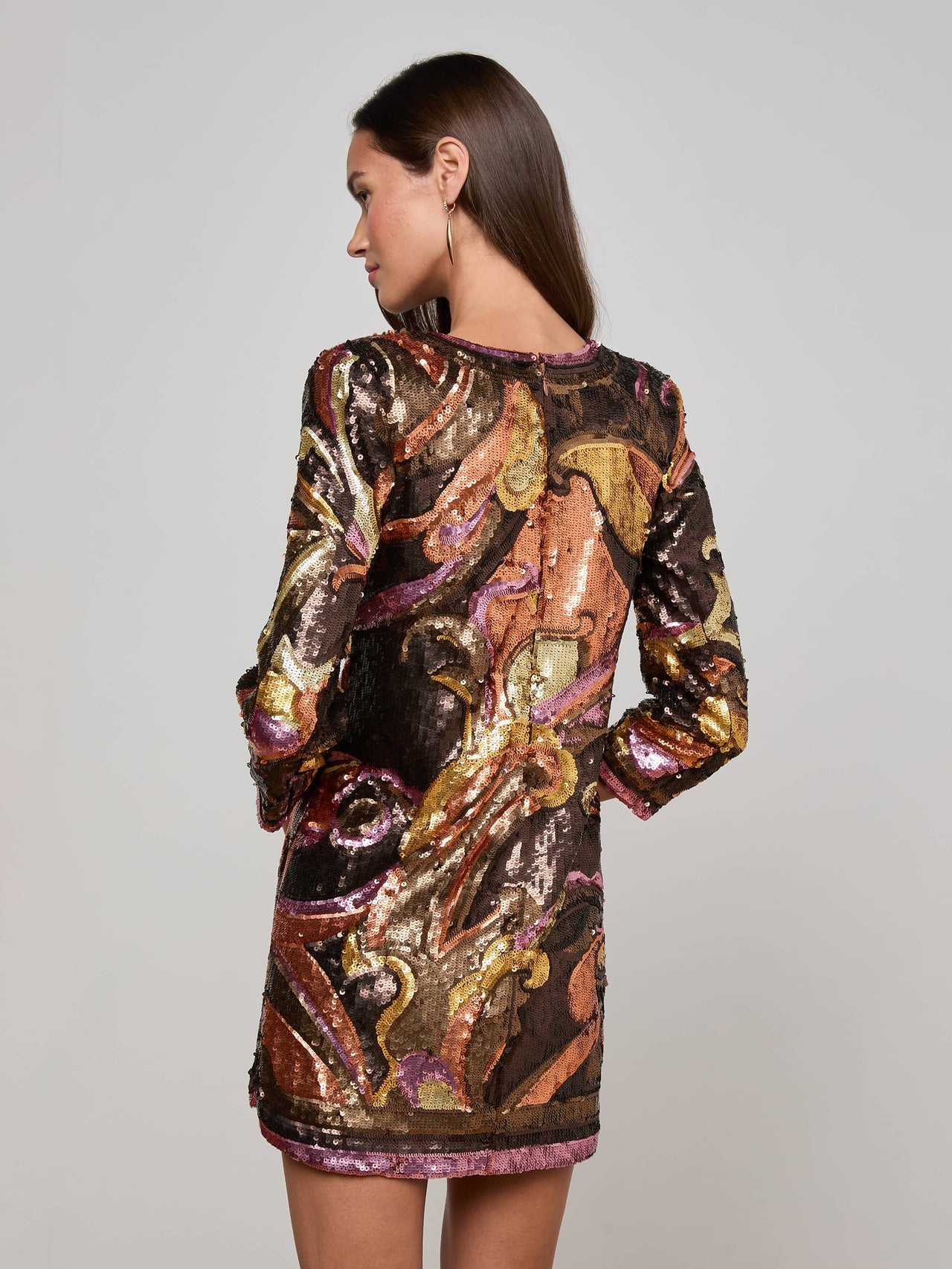 Octavia Sequin Shift Dress in Brown/Pink Multi Large Abstract Paisley
