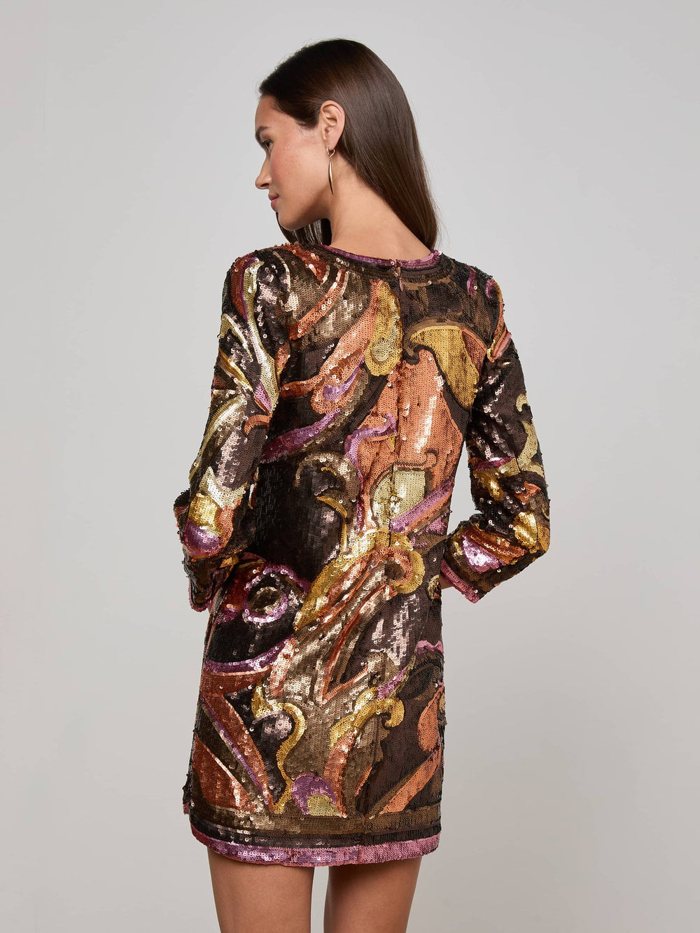 Octavia Sequin Shift Dress in Brown/Pink Multi Large Abstract Paisley