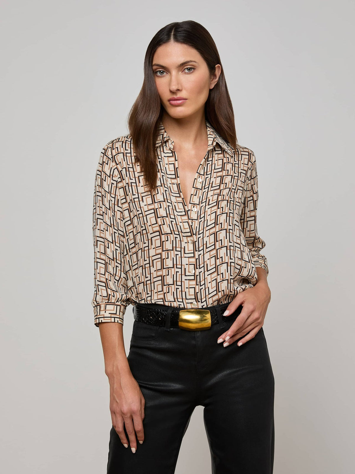 Nina Silk Blouse in Ecru Multi Large Geo Print