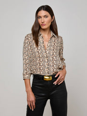 Nina Silk Blouse in Ecru Multi Large Geo Print