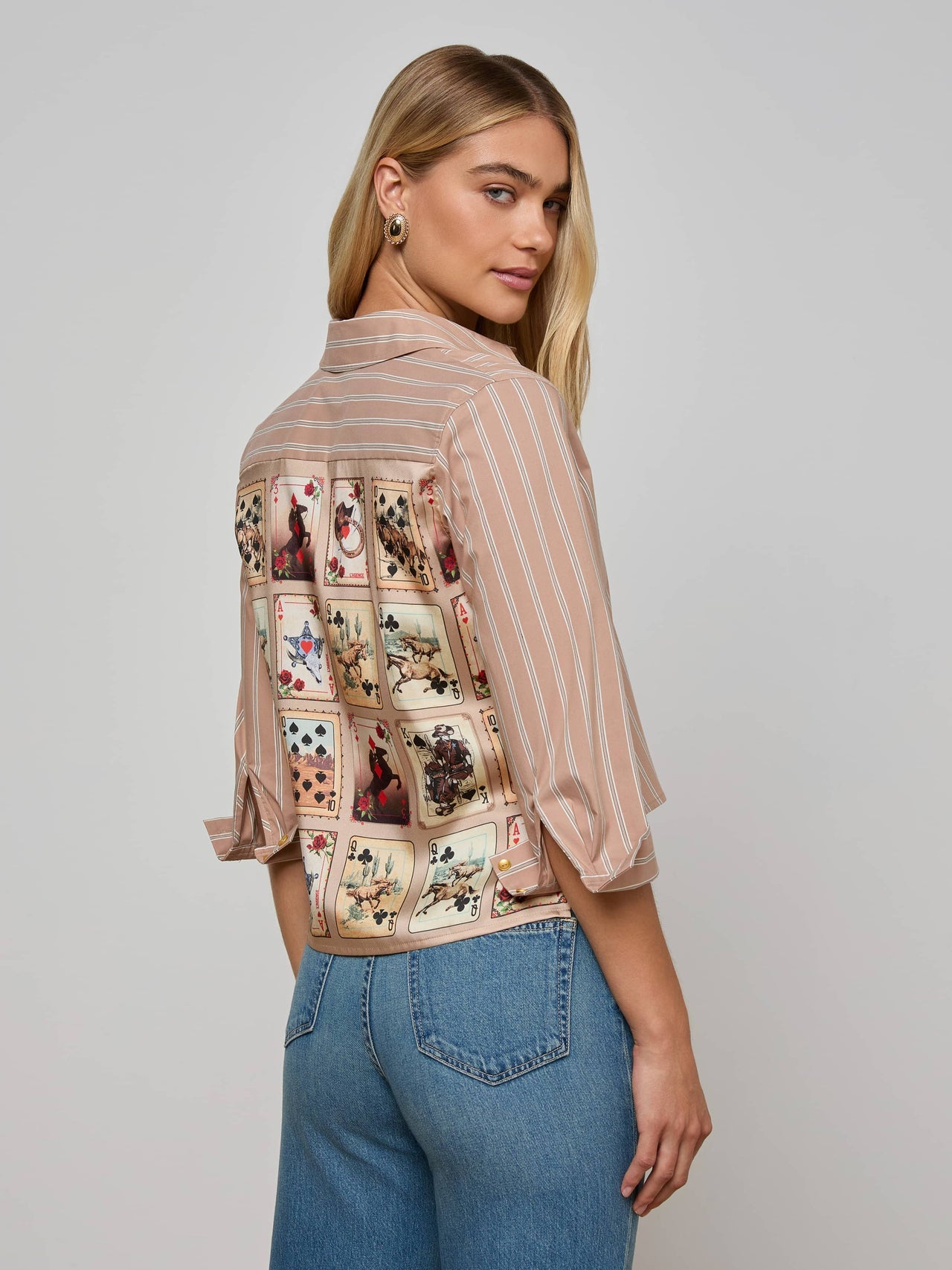 Fawn Western Card Print Shirt in Fawn Stripe/Tan Multi Western Cards