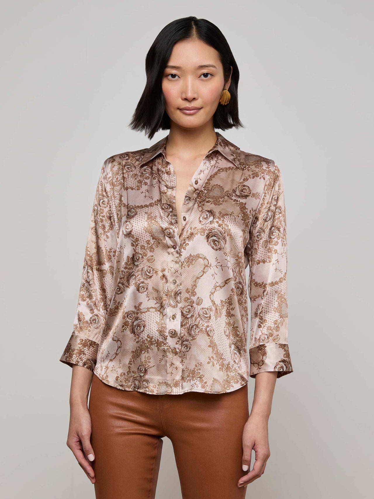 Dani Silk Blouse in Toasted Almond Lace Print