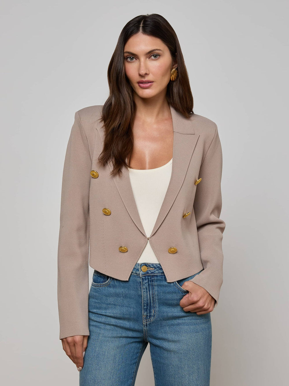 Elio Cropped Knit Blazer in Pale Khaki/Gold