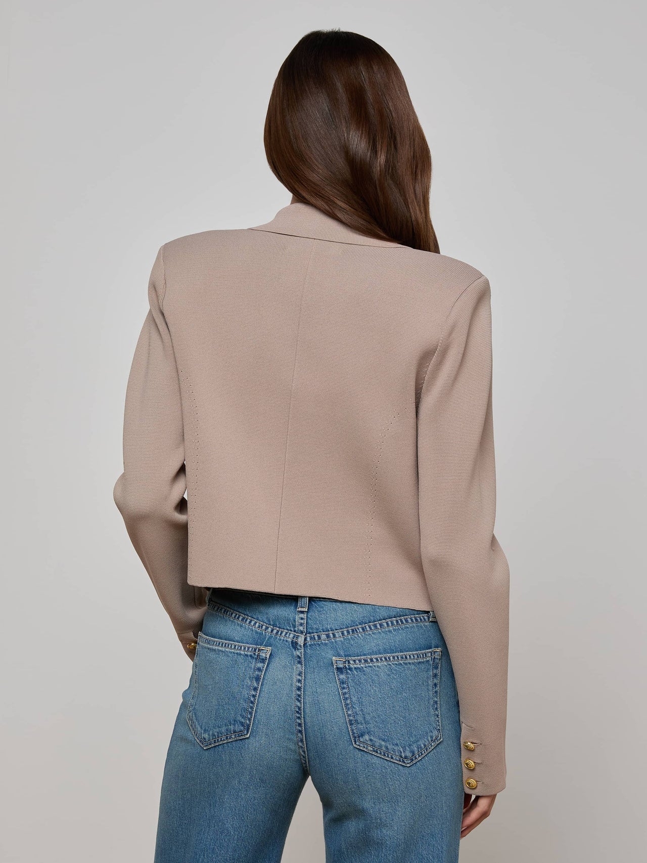 Elio Cropped Knit Blazer in Pale Khaki/Gold