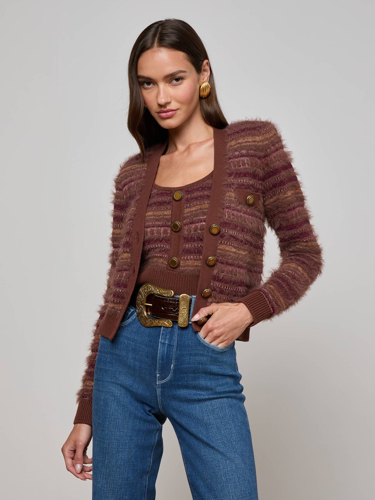 Ariadne Cardigan in Natural/Mauve Multi