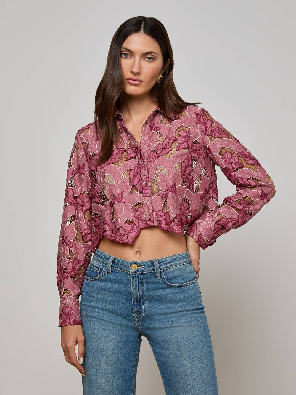 Akemi Cropped Lace Blouse in Mauve Multi Colored Eyelet