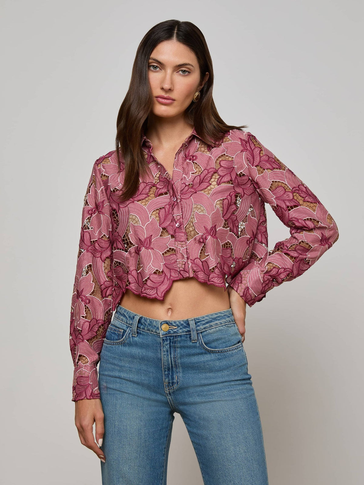 Akemi Cropped Lace Blouse in Mauve Multi Colored Eyelet
