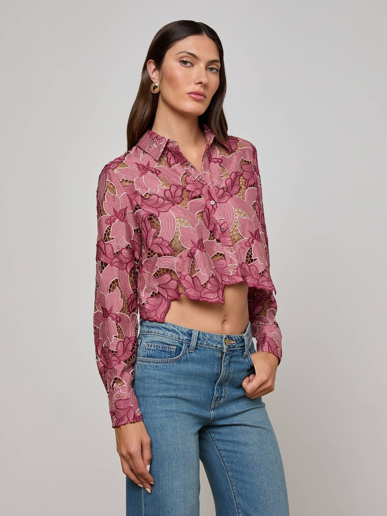 Akemi Cropped Lace Blouse in Mauve Multi Colored Eyelet