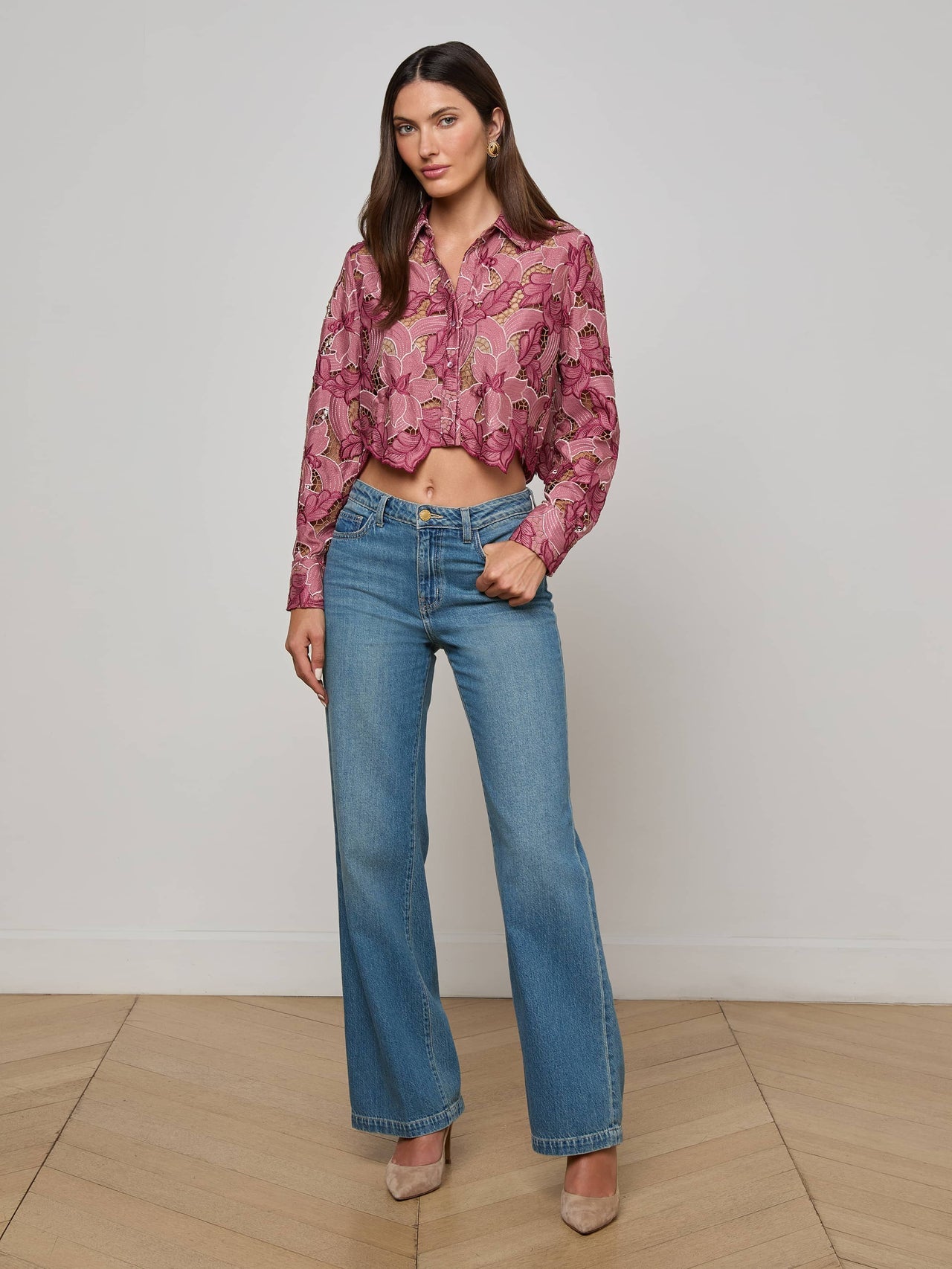 Akemi Cropped Lace Blouse in Mauve Multi Colored Eyelet