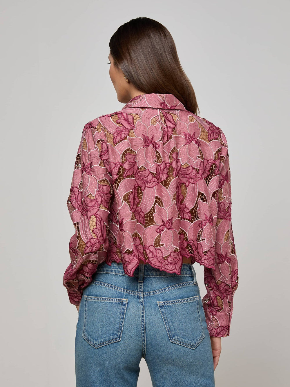 Akemi Cropped Lace Blouse in Mauve Multi Colored Eyelet