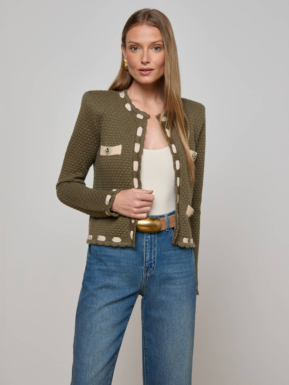 Astor Contrast Trim Cardigan in Army/Biscuit