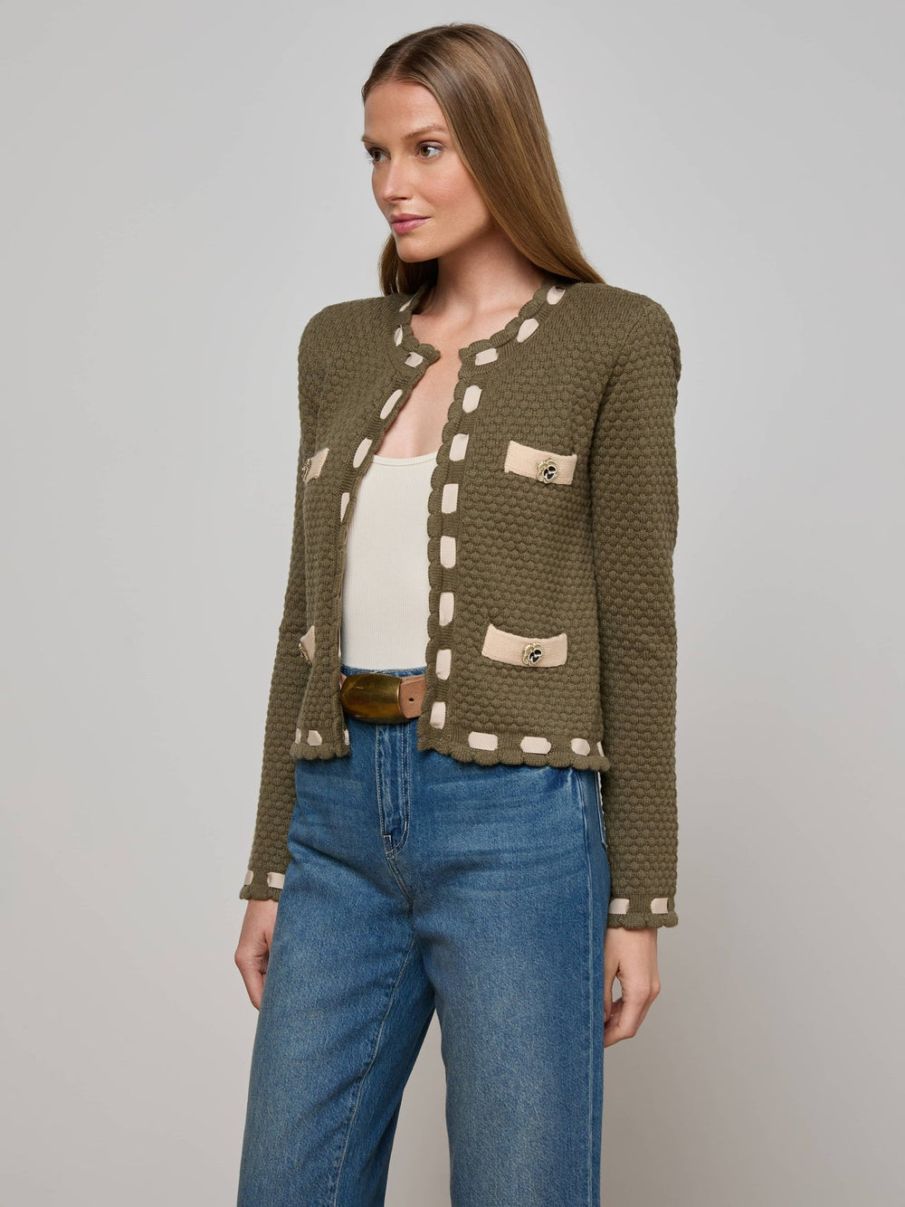 Astor Contrast Trim Cardigan in Army/Biscuit