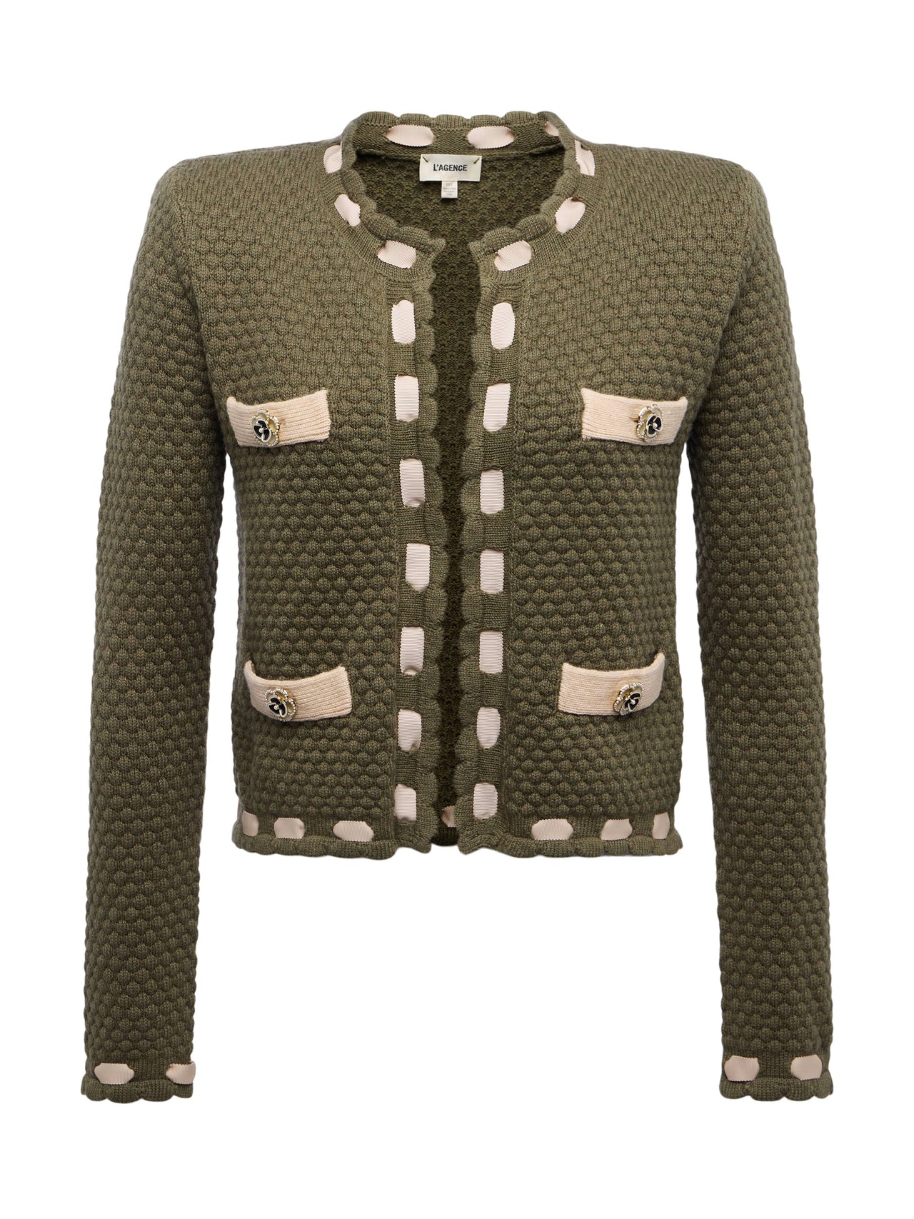 Astor Contrast Trim Cardigan in Army/Biscuit