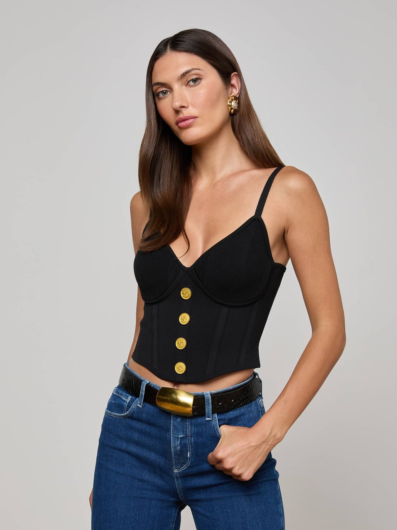 Artemis Knit Corset Top in Black/Gold