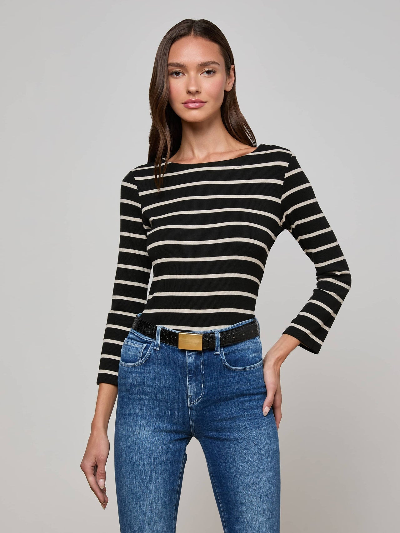 Lucille Striped Boatneck Top in Black/Oat Stripe