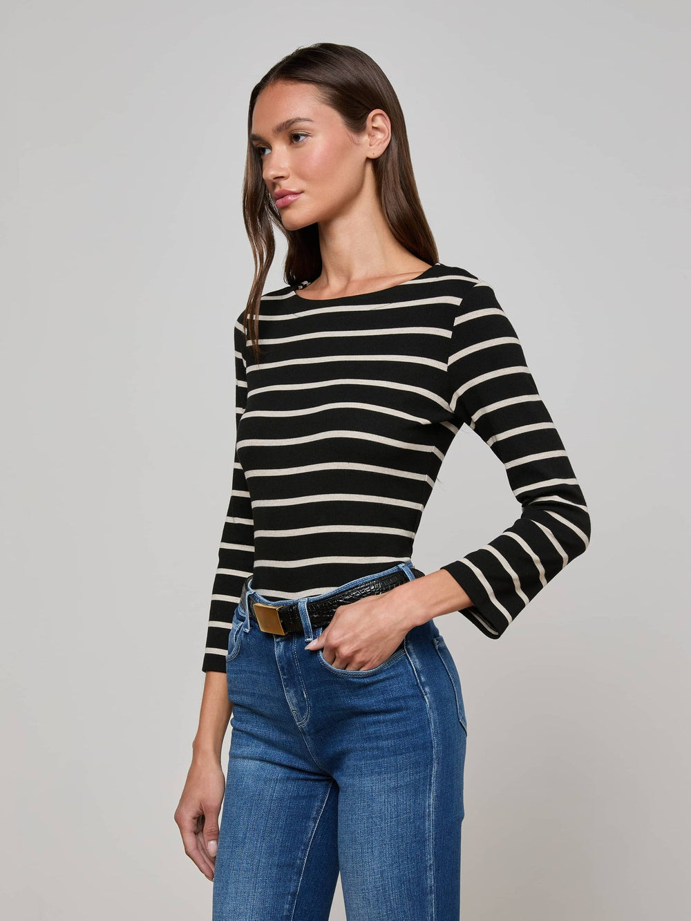Lucille Striped Boatneck Top in Black/Oat Stripe